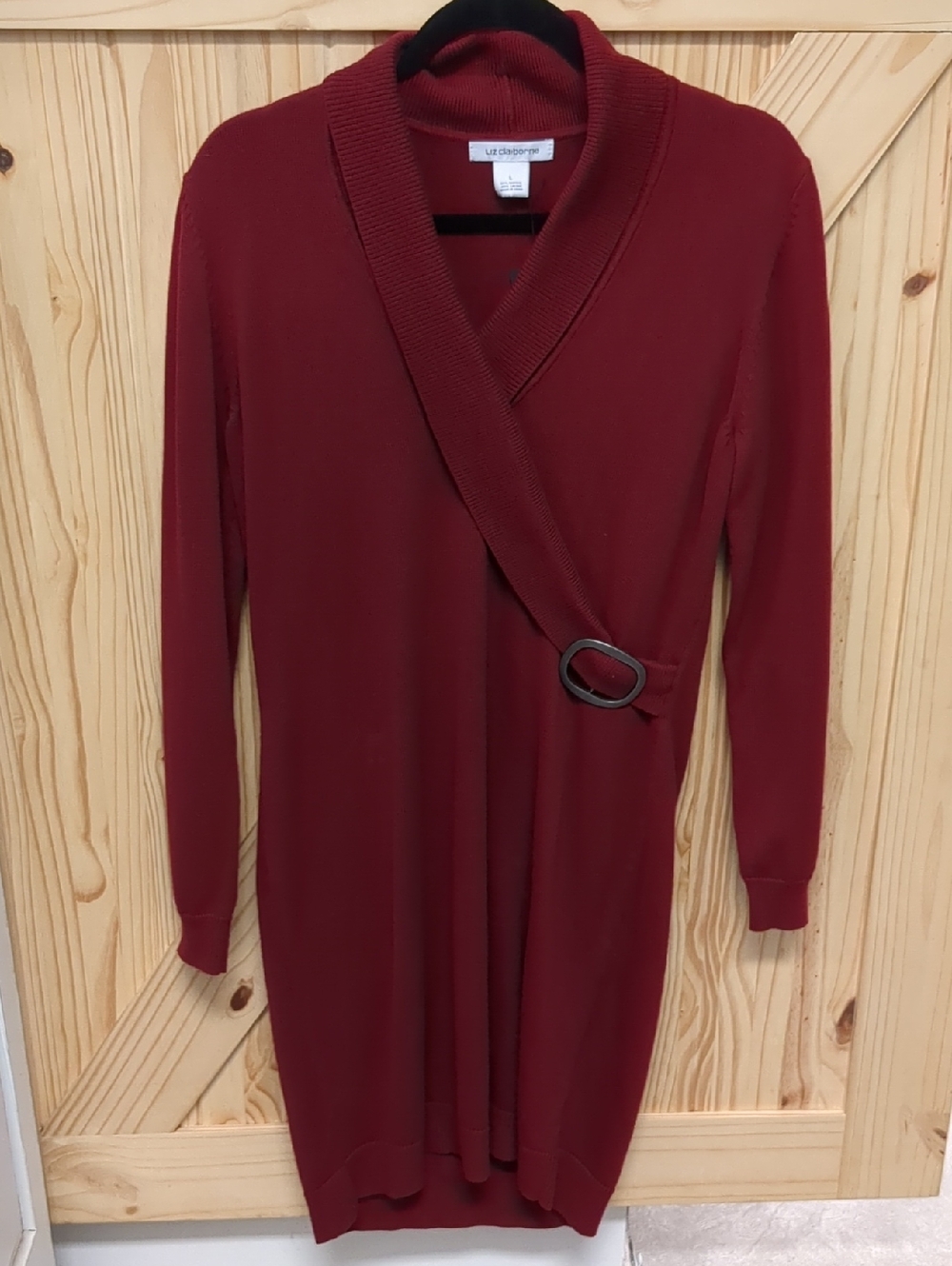 Liz Claiborne Deep Burgundy Long Sleeve Wrap-Front Knit Dress